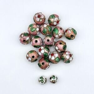 Lot of 7 Vintage Cloisonné Beads Green Pink Enamel Gold Tone Jewelry Making